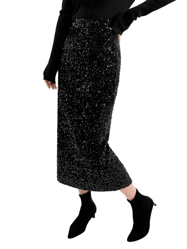 Drestiny-High Waist Midi Black Sequined Skirts For Women