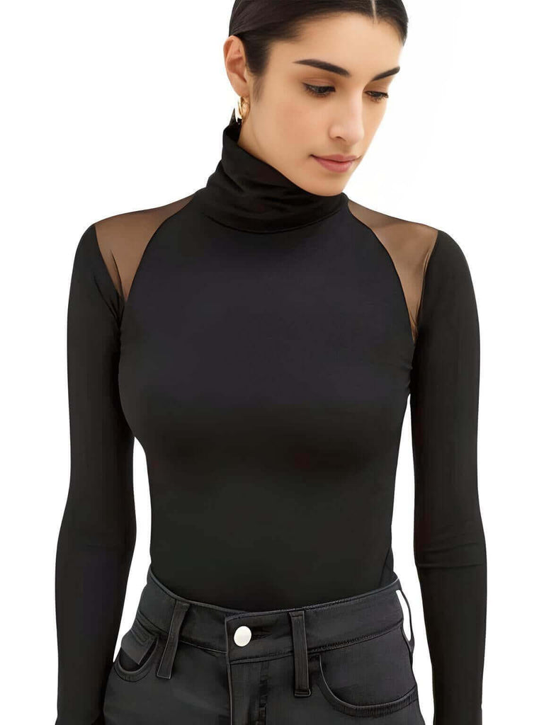 Trendy long sleeve black bodysuits with mesh patchwork for women at Drestiny. Enjoy free shipping and tax covered. Save up to 50%!