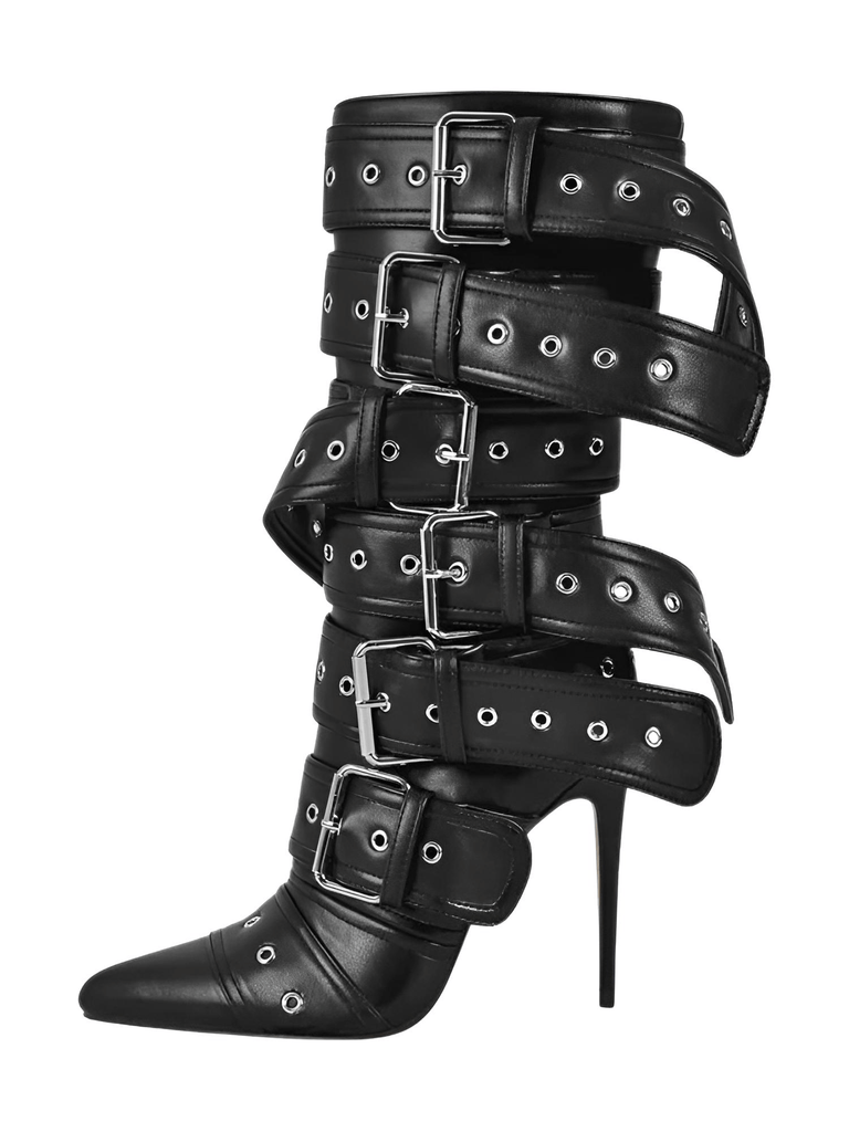 Drestiny-Black-Pointed Toe Stiletto Mid-Calf Boots For Women With Buckle Straps