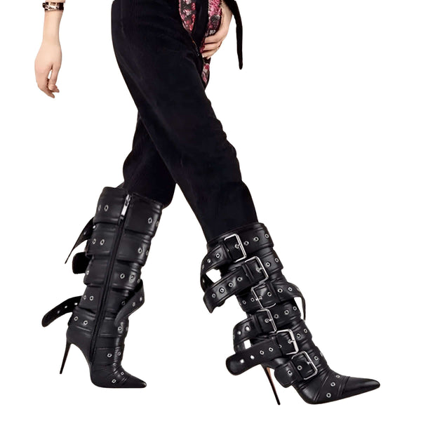 Drestiny-Black-Pointed Toe Stiletto Mid-Calf Black Boots For Women With Buckle Straps