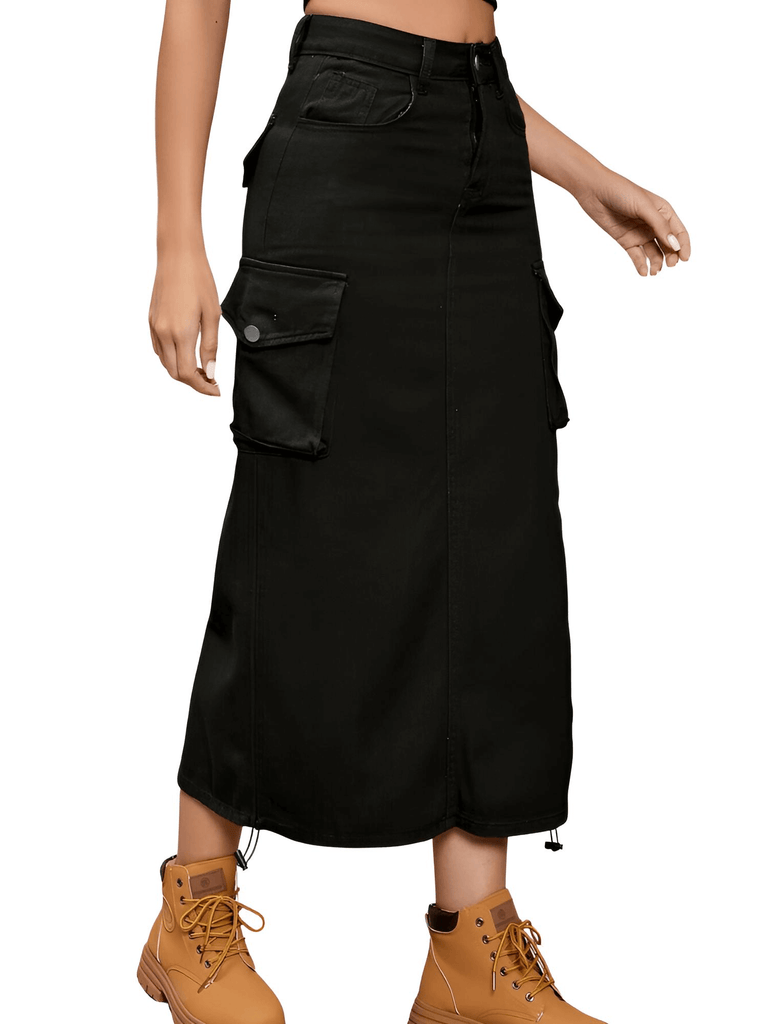 Drestiny-Black Denim Cargo Work Skirt For Women