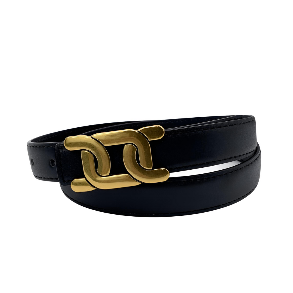 Drestiny-Black Leather Belt For Women With Gold Buckle