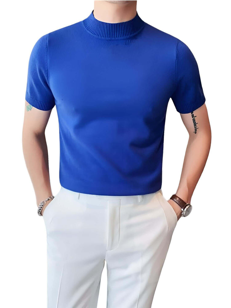 Drestiny-Men's Blue Short Sleeve Mock Neck Shirt