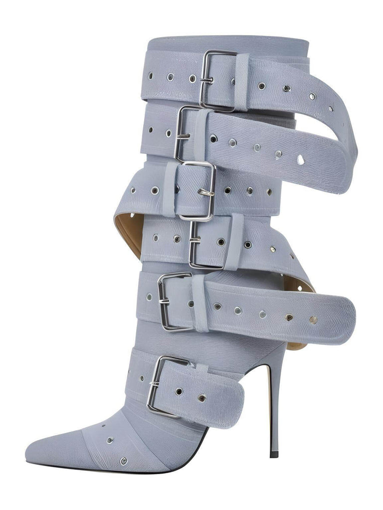 Drestiny-Blue Denim-Pointed Toe Stiletto Mid-Calf Blue Denim Boots For Women With Buckle Straps