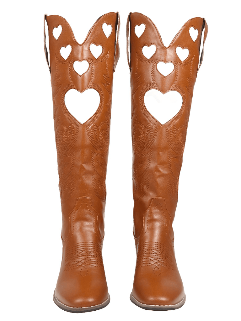 Drestiny-Brown-Heart Shape Knee High Cowboy Boots For Women