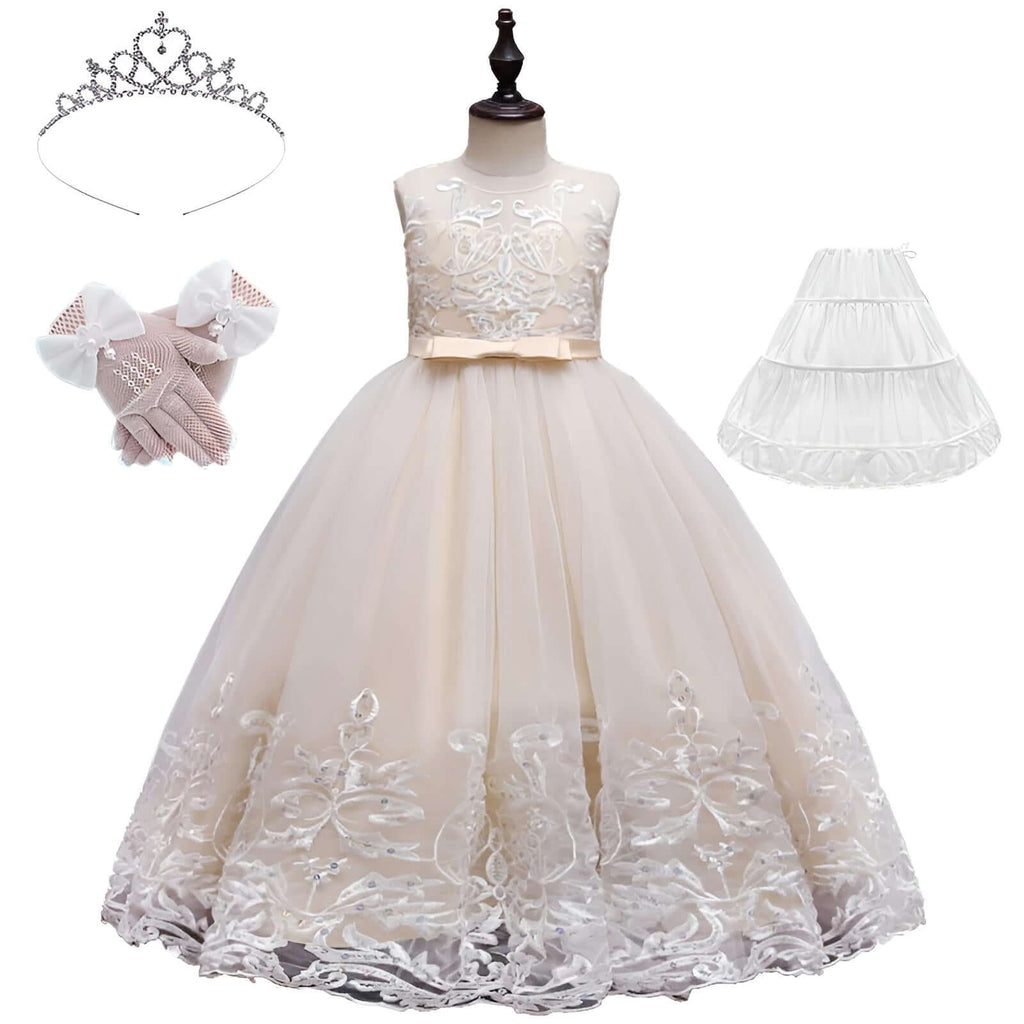 Drestiny-Champagne Formal Occasion Dress For Girls Plus Tiara Plus Gloves and Petticoat