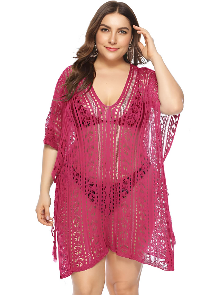 Drestiny-Coral Red-Crochet Cover Up Plus Size