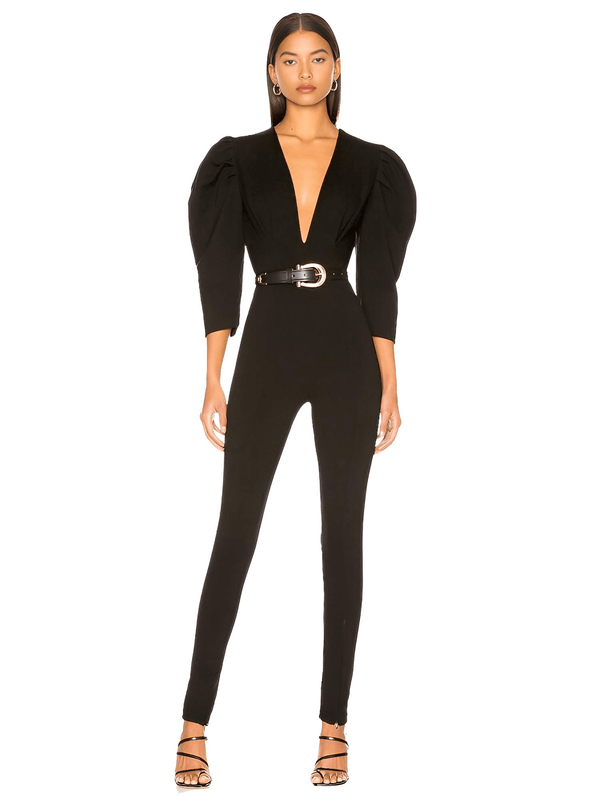 Drestiny-Deep V Puff Sleeve Black Bandage Jumpsuit For Women