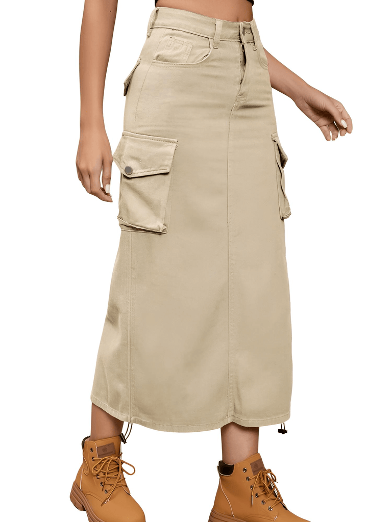 Drestiny-Denim Khaki Cargo Work Skirt For Women