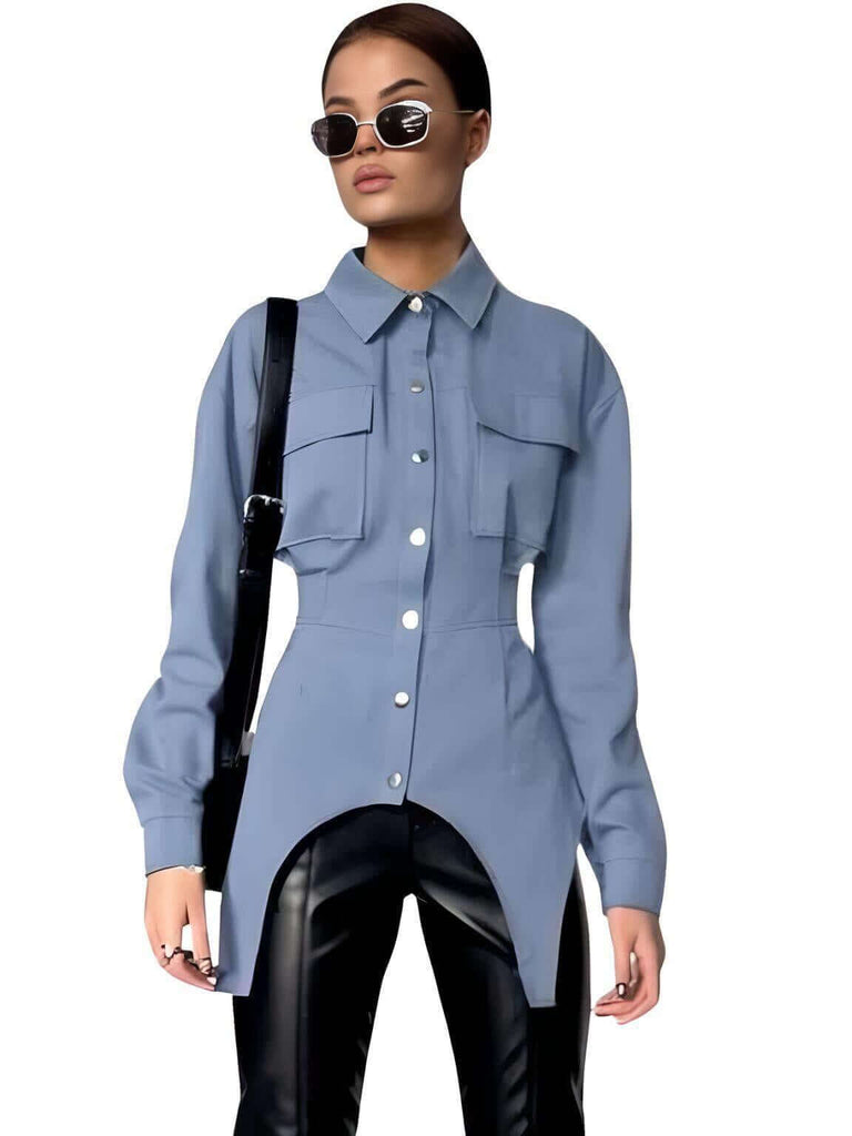 Drestiny-Elegant Lapel Long Sleeve Blue Blouse For Women