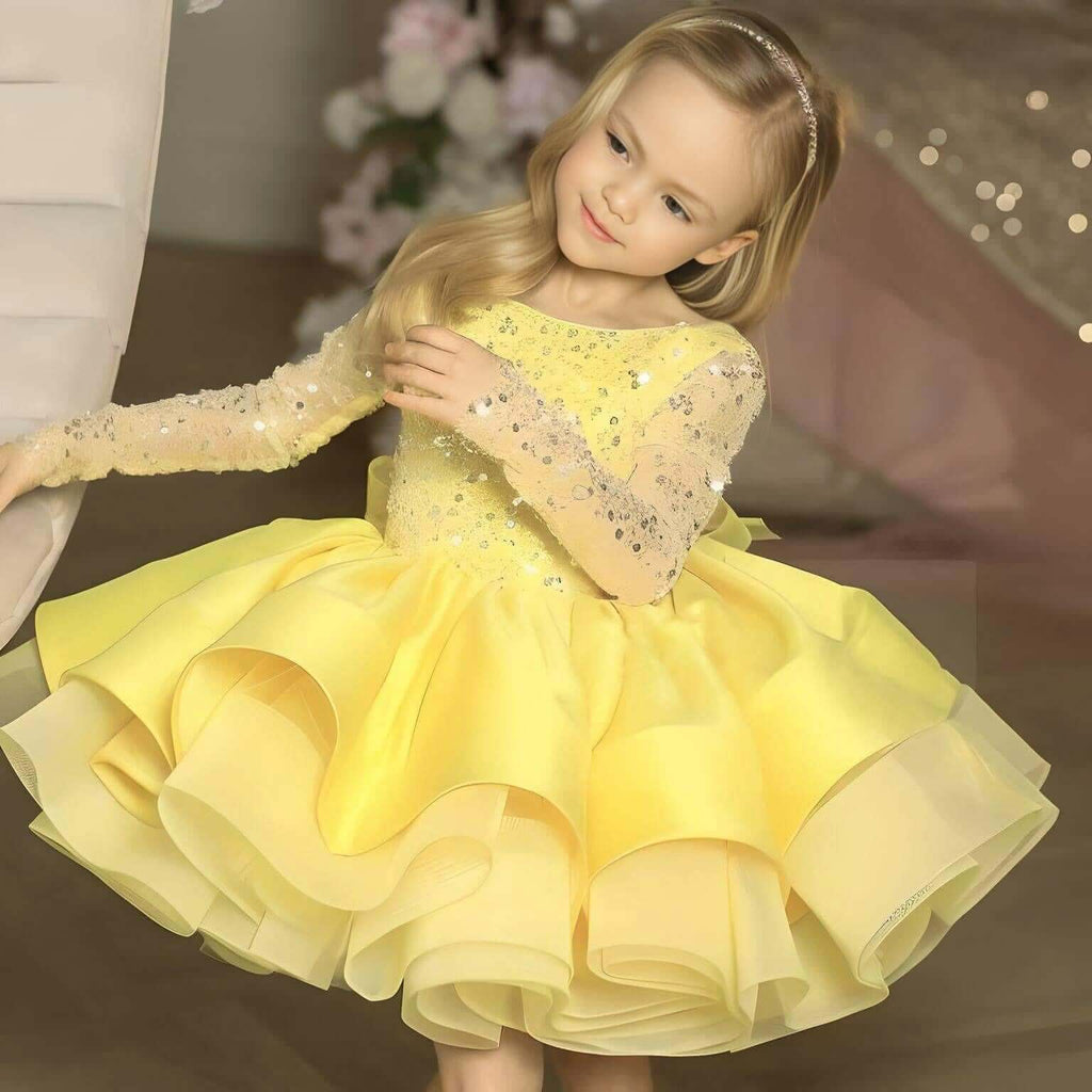 Drestiny-Yellow-Formal Sequins Long Sleeve Dresses For Girls