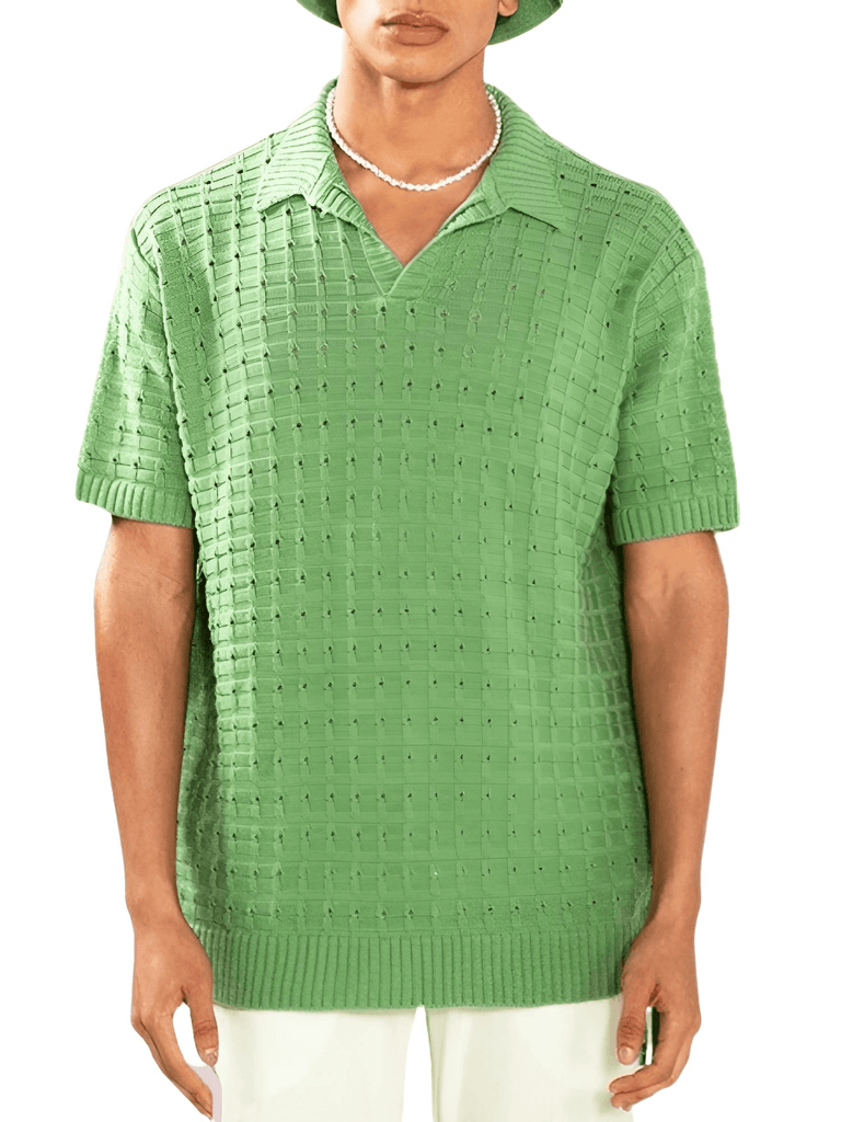 Drestiny-Green Hollow Knit Polo Shirt For Men