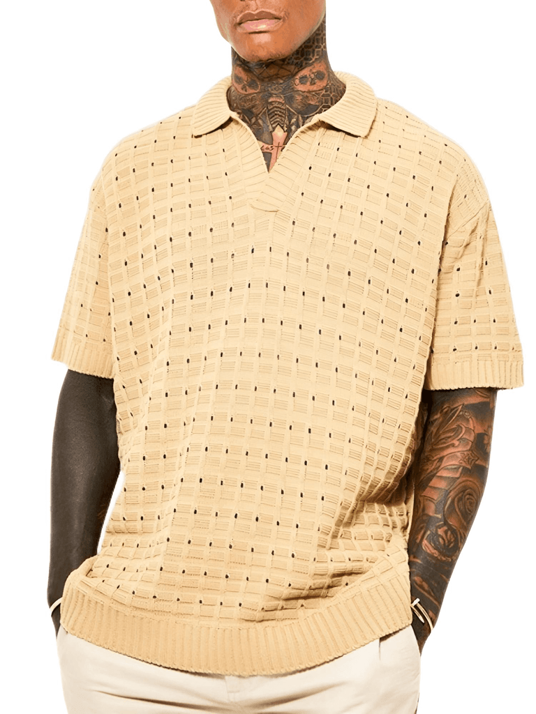 Drestiny-Hollow Knit Khaki Polo Shirt For Men