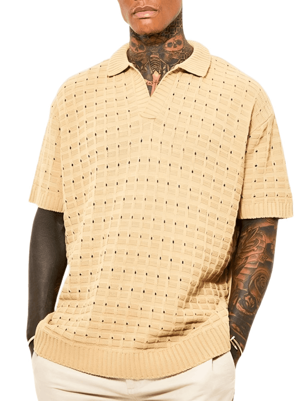 Drestiny-Hollow Knit Khaki Polo Shirt For Men