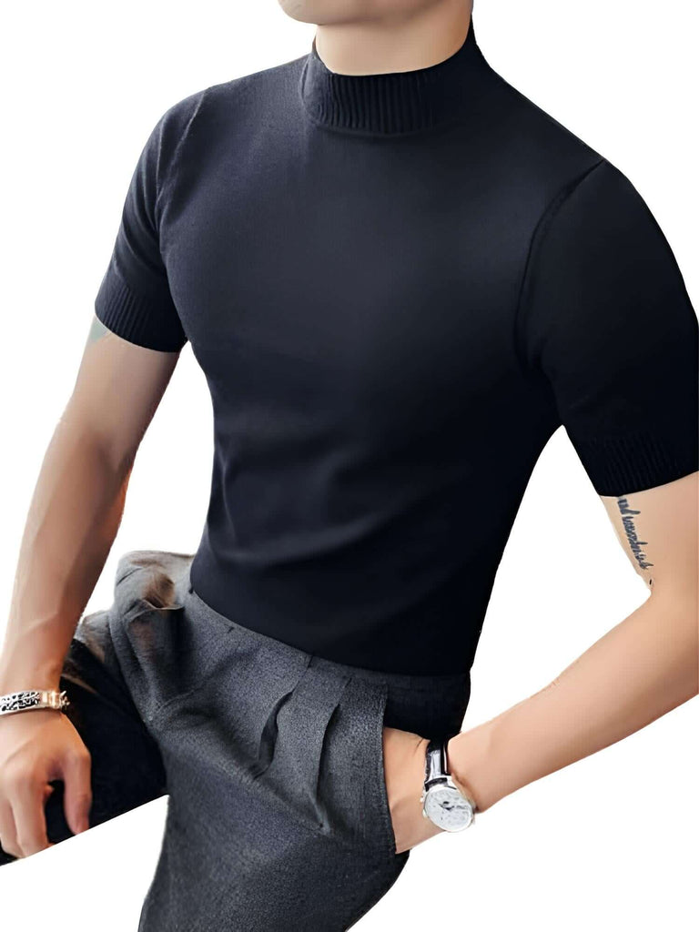 Drestiny-Men's Black Short Sleeve Mock Neck Shirt