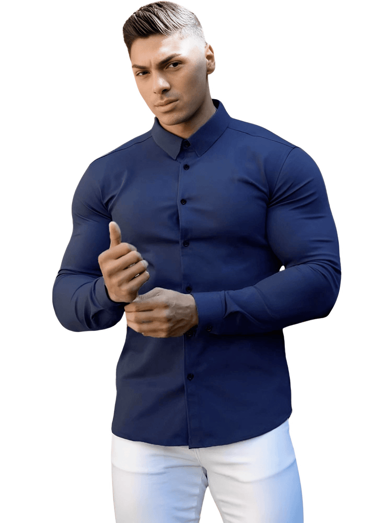 Stylish men's long sleeve fitted blue button down dress shirts on sale at Drestiny. Free shipping + tax covered. Seen on FOX/NBC/CBS. Save up to 50%.