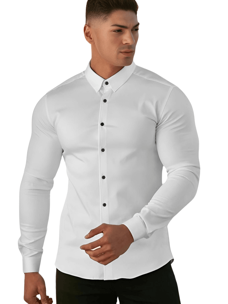 Stylish men's long sleeve fitted white button down dress shirts on sale at Drestiny. Free shipping + tax covered. Seen on FOX/NBC/CBS. Save up to 50%.