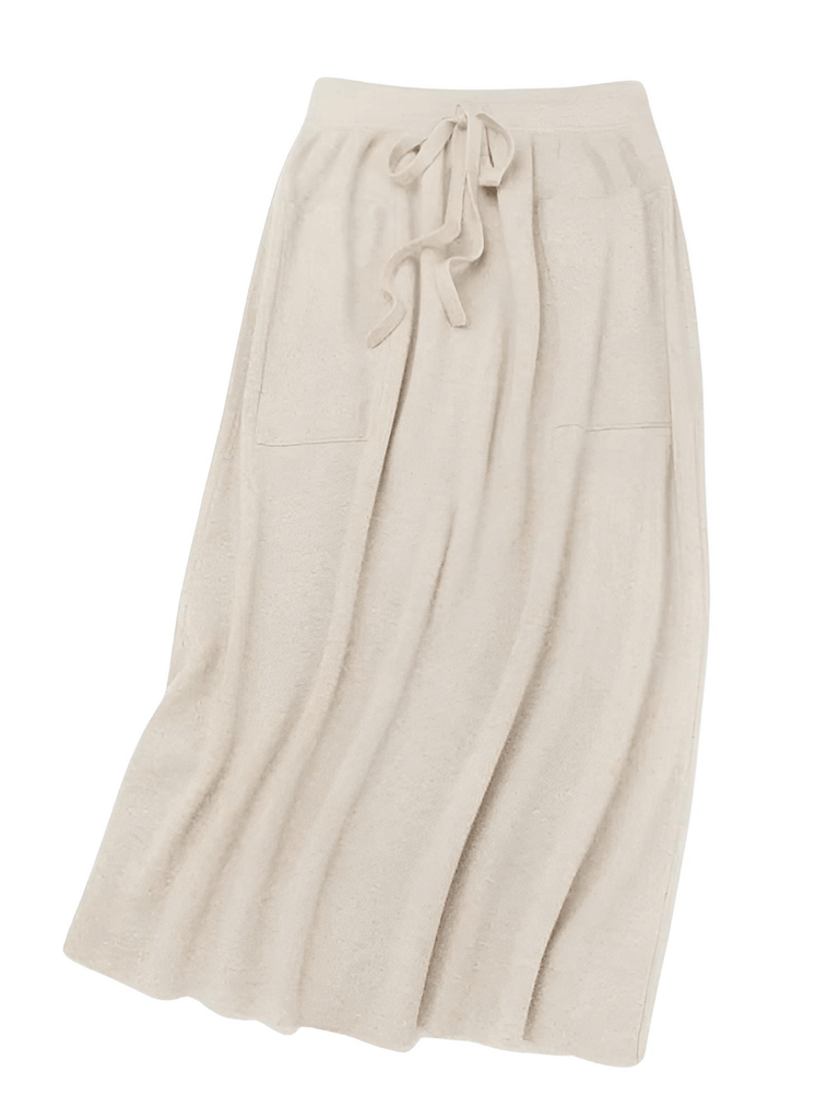 Drestiny-Off White-100% Cashmere Wool High Waist Long Skirt With Pockets