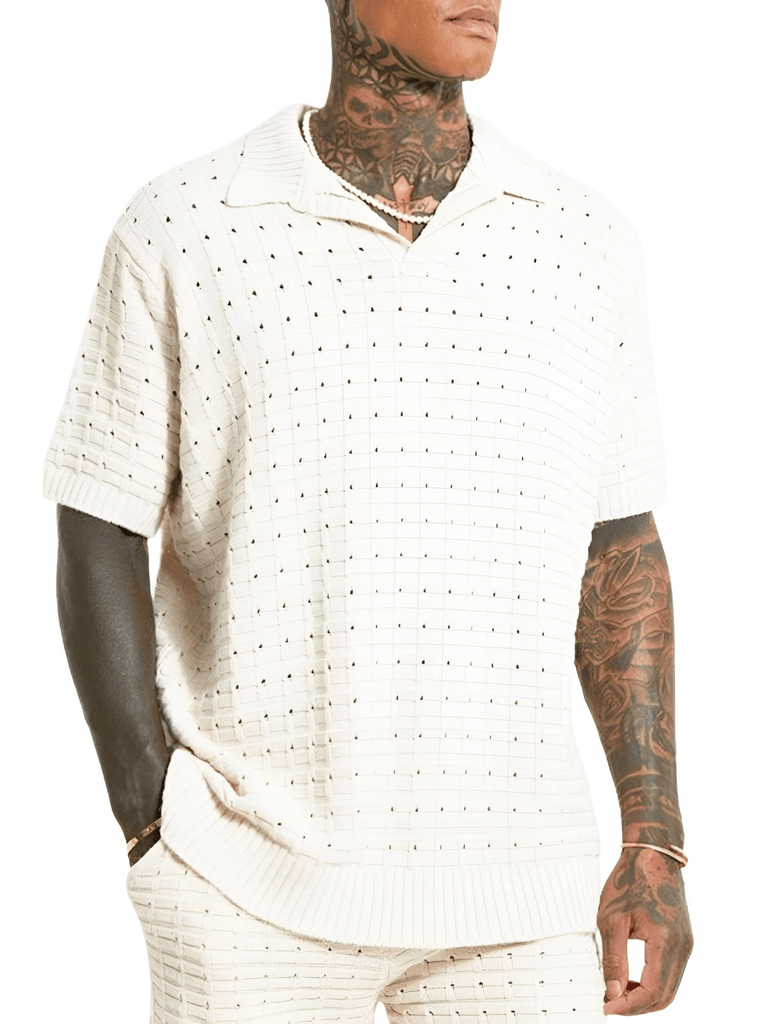 Drestiny-Off White Hollow Knit Polo Shirt For Men