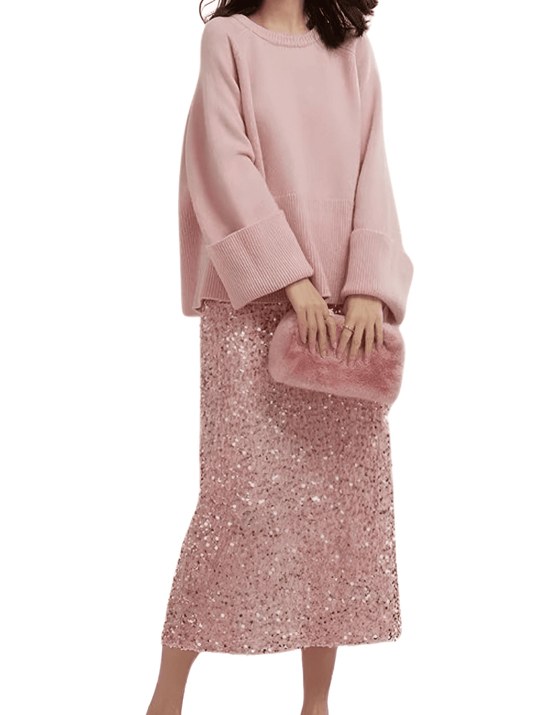 Drestiny-Pink-High Waist Midi Sequined Skirts For Women