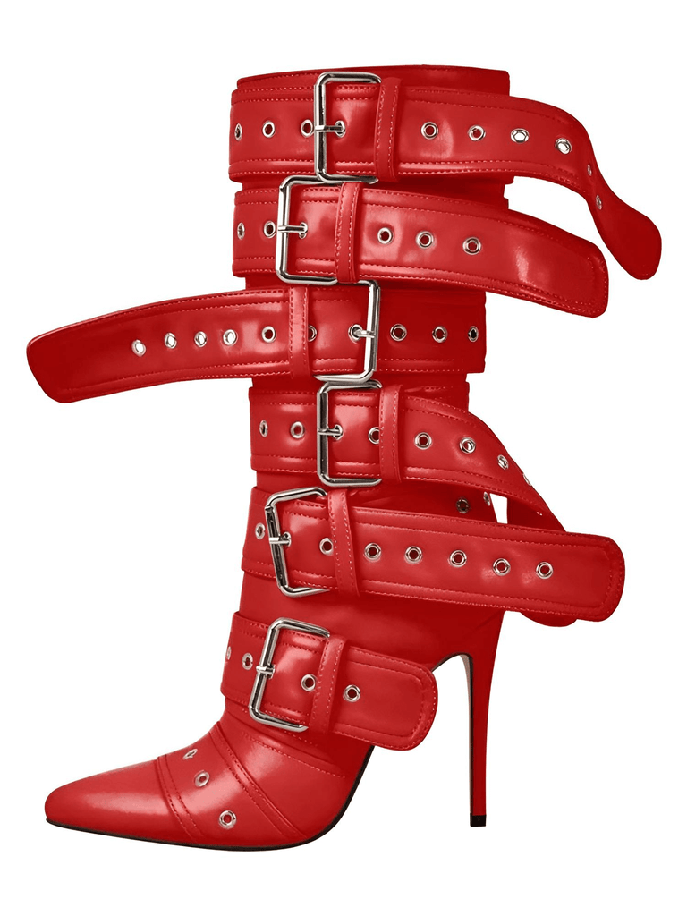 Drestiny-Red-Pointed Toe Stiletto Mid-Calf Boots For Women With Buckle Straps