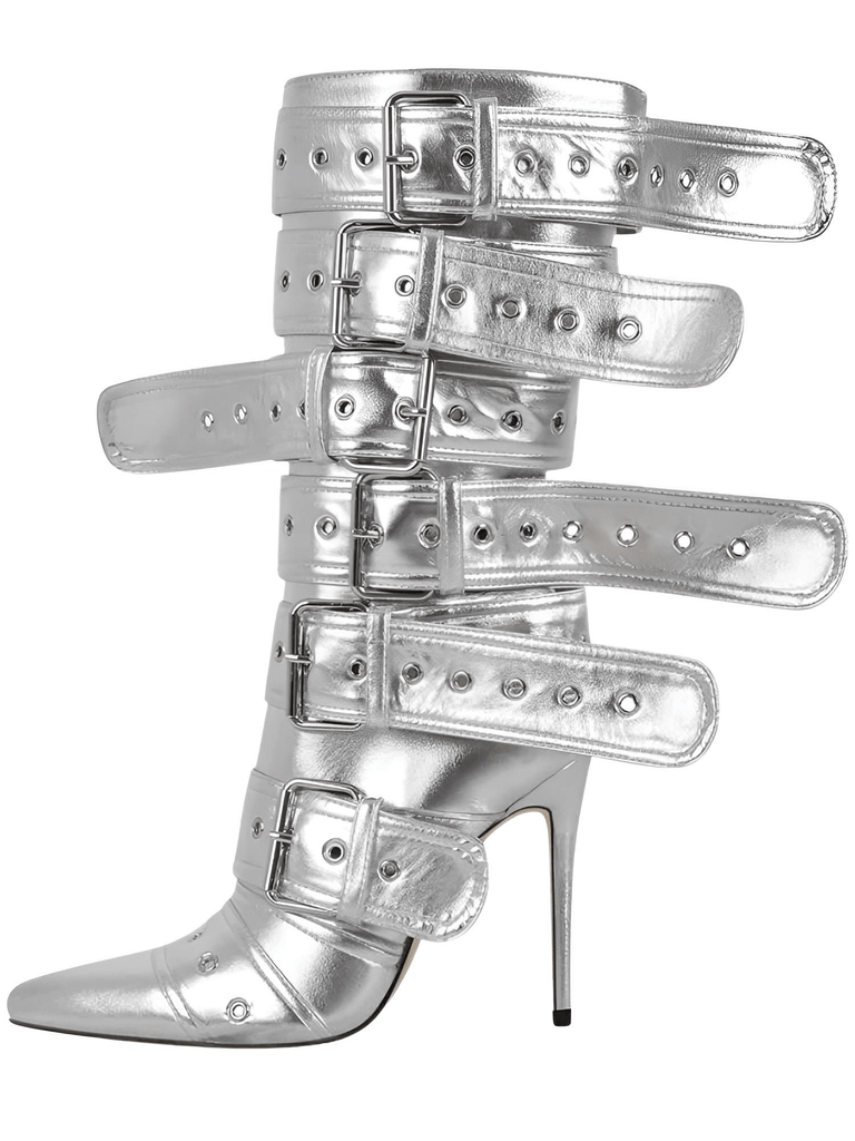 Drestiny-Silver-Pointed Toe Stiletto Mid-Calf Boots For Women With Buckle Straps