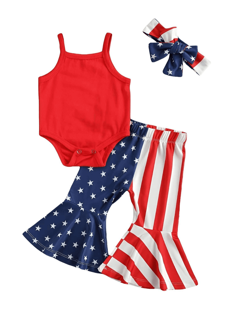 Drestiny-Solid Red Romper + Star Stripe Flare Pants - Baby Girl's July 4th Holiday Set