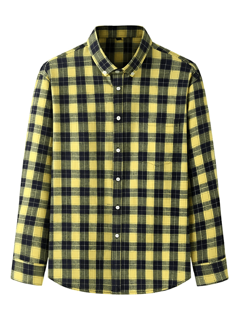 Drestiny-Yellow-Men's Long Sleeve Classic Plaid Shirt - Plus Sizes!
