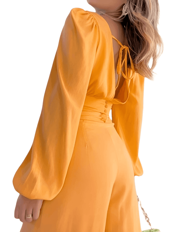 Elegant 2 Piece Orange Crop Top & Wide Leg Pants Set For Women