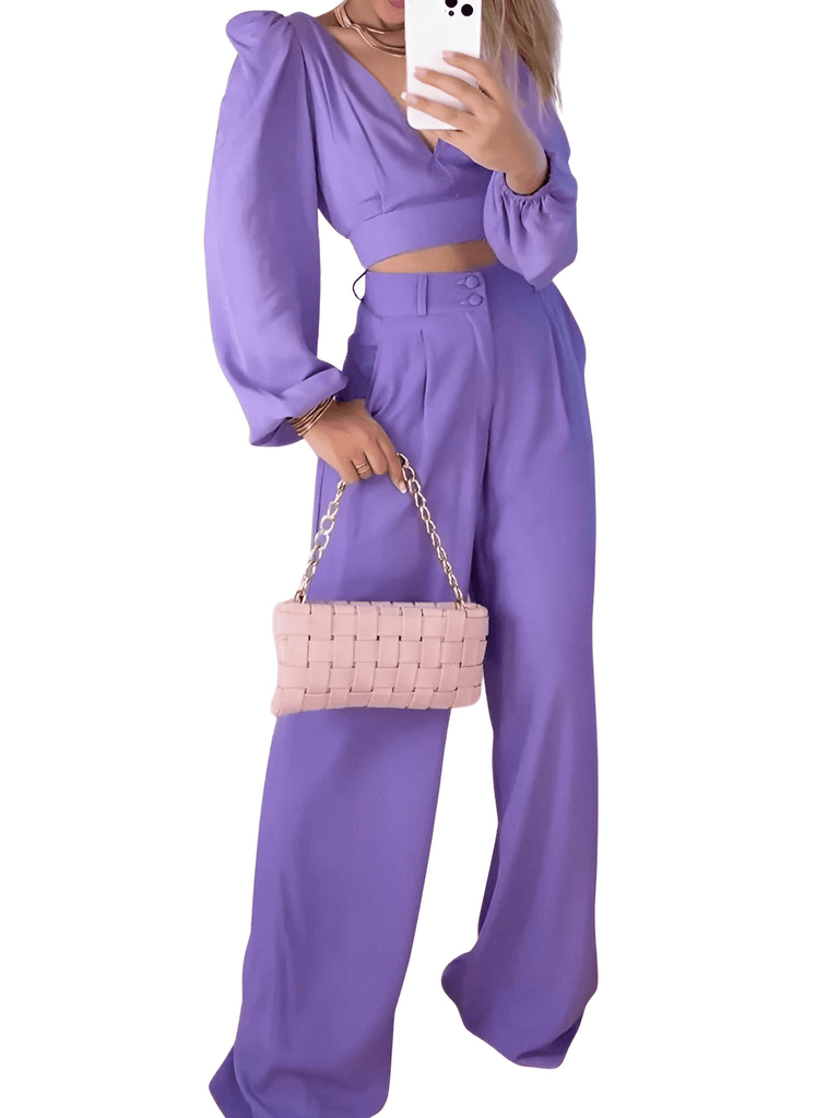 Elegant 2 Piece Purple Crop Top & Wide Leg Pants Set For Women