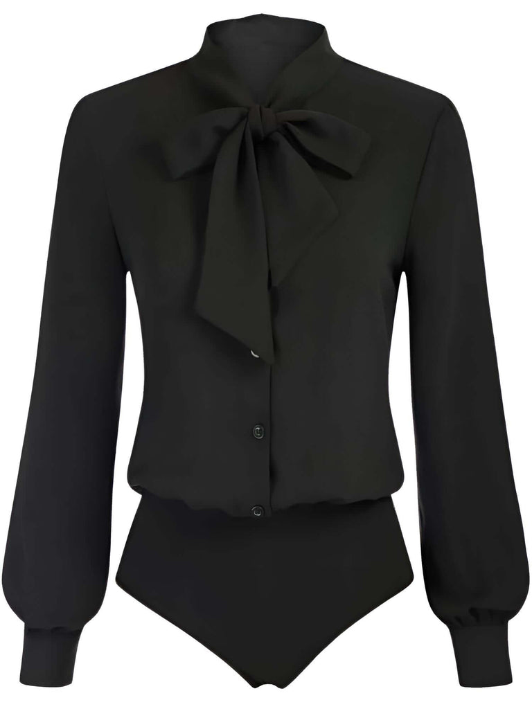 Elegant Bow-Knot Black Long Sleeve Bodysuits For Women