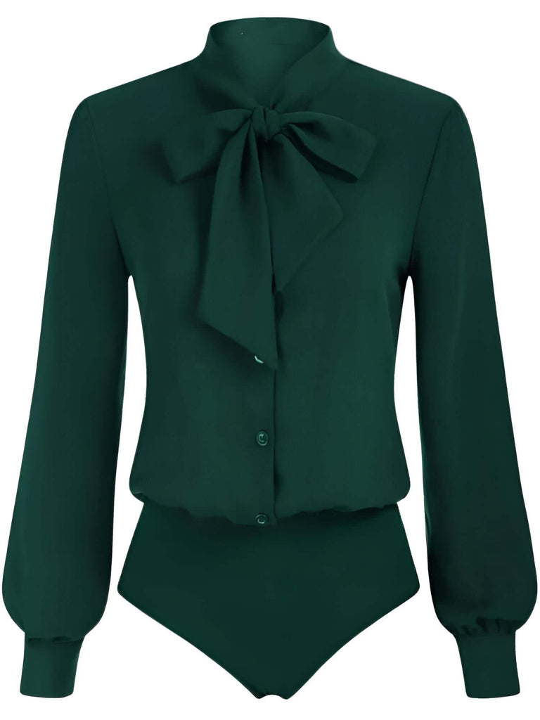 Elegant Bow-Knot Dark Green Long Sleeve Bodysuits For Women