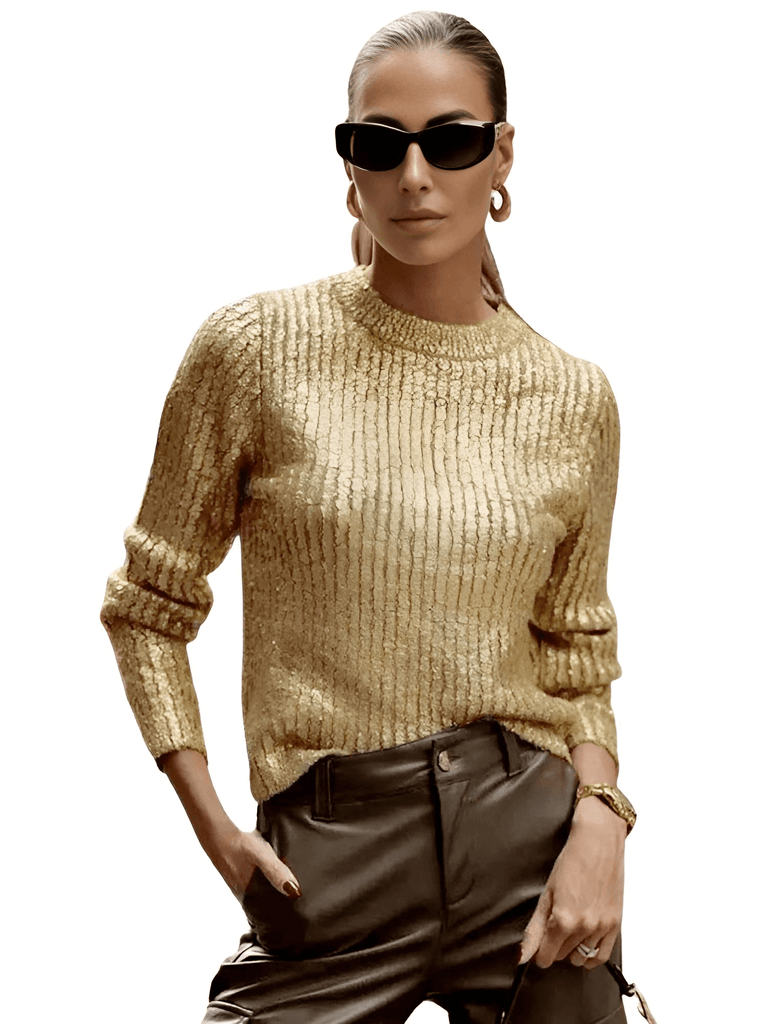Elegant High Fashion Metallic Gold Pullover Sweaters for Women