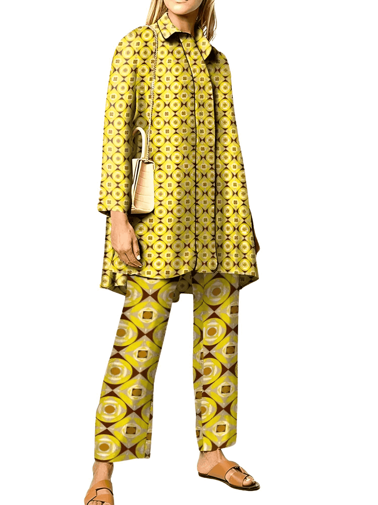 Elegant Long Sleeve 2pcs Yellow Wide Leg Pant Sets For Women
