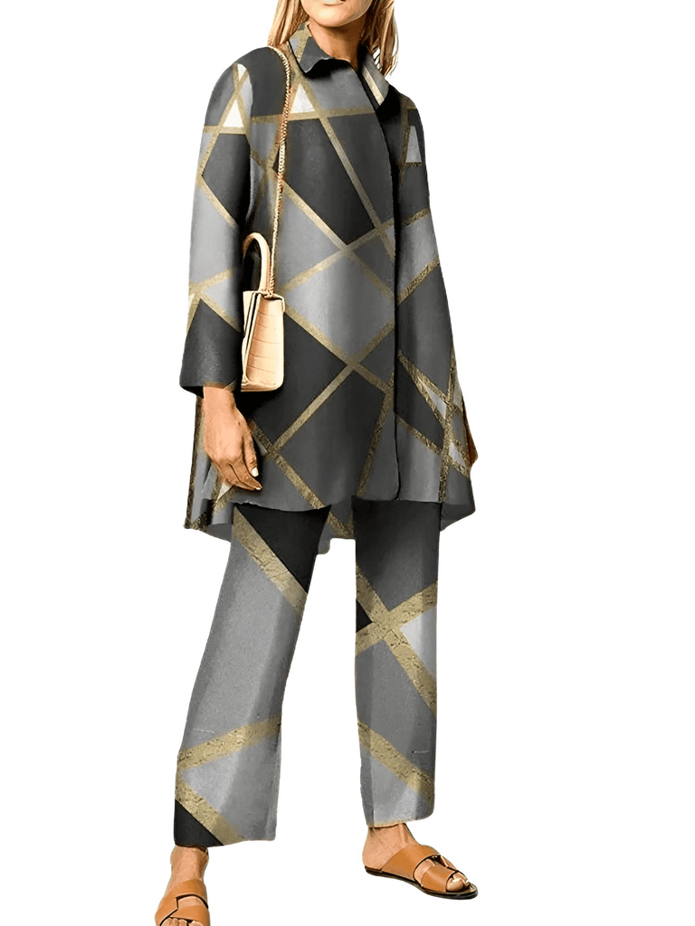 Elegant Long Sleeve 2pcs Black and Gold Wide Leg Pant Sets For Women