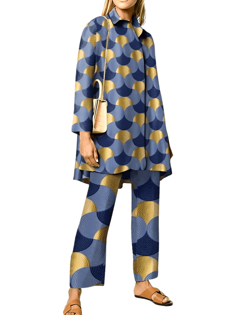 Elegant Long Sleeve 2pcs Blue and Gold Wide Leg Pant Sets For Women