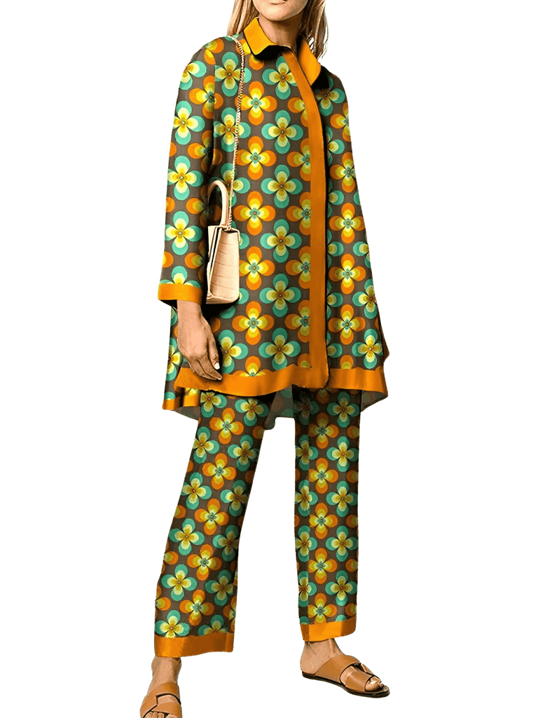 Elegant Long Sleeve 2pcs Green and Orange Wide Leg Pant Sets For Women