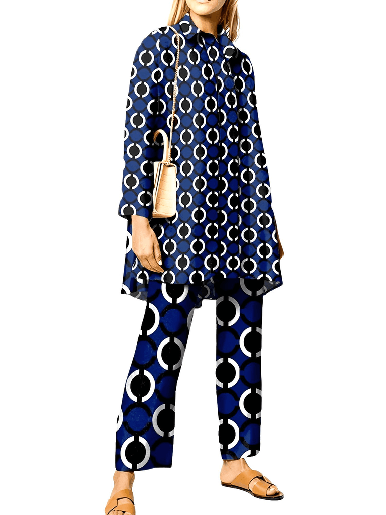 Elegant Long Sleeve 2pcs Dark Blue Wide Leg Pant Sets For Women