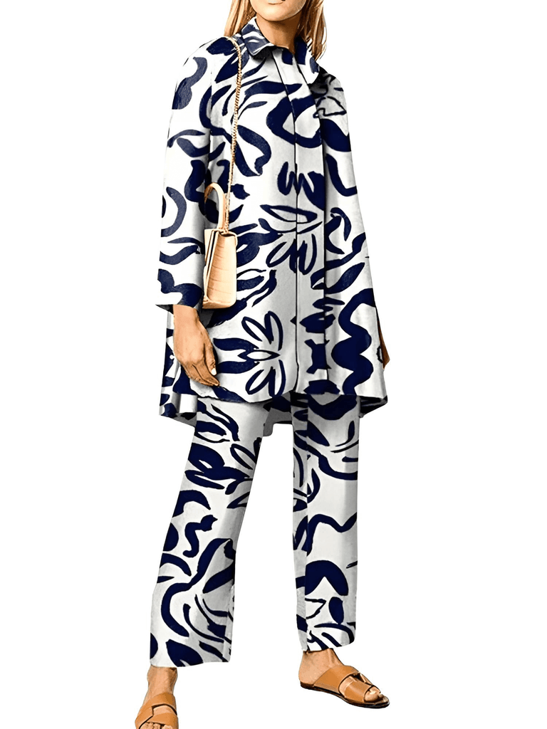 Elegant Long Sleeve 2pcs Dark Blue and White Wide Leg Pant Sets For Women