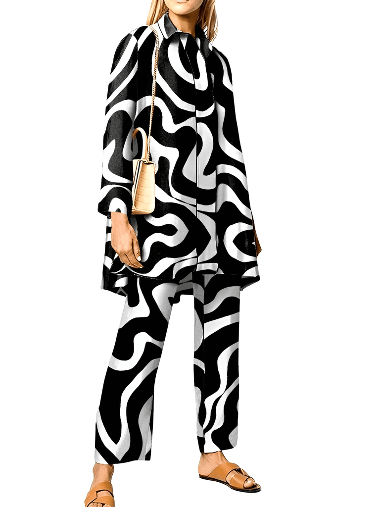 Elegant Long Sleeve 2pcs Black and White Wide Leg Pant Sets For Women