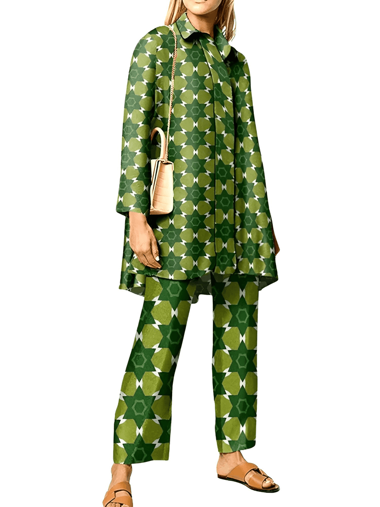 Elegant Long Sleeve 2pcs Green Wide Leg Pant Sets For Women