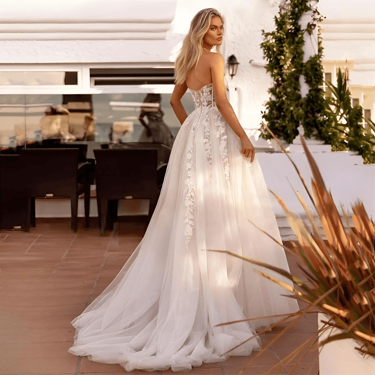 Elegant A-Line Wedding Dress Women's Lace Sweetheart Tulle Open Back Slit Strapless Bridal Gown Customized, Drestiny, Maxi Dresses, Off Shoulder, Strapless, Sleeveless, White, Ivory, Custom Made, Custom Colors, Custom Sizes, United States, USA, Canada, Australia, New Zealand, United Kingdom, UK, Plus Size Wedding Dresses, 2, 4, 6, 8, 10, 12, 14, 16, 14W, 16W, 18W, 20W, A-line bridal gown, lace a-line wedding dress, simple a-line wedding dress, shopdrestiny.com