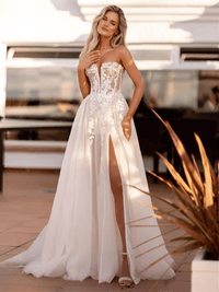 Thumbnail for Elegant A-Line Wedding Dress Women's Lace Sweetheart Tulle Open Back Slit Strapless Bridal Gown Customized, Drestiny, Maxi Dresses, Off Shoulder, Strapless, Sleeveless, White, Ivory, Custom Made, Custom Colors, Custom Sizes, United States, USA, Canada, Australia, New Zealand, United Kingdom, UK, Plus Size Wedding Dresses, 2, 4, 6, 8, 10, 12, 14, 16, 14W, 16W, 18W, 20W, A-line bridal gown, lace a-line wedding dress, simple a-line wedding dress, shopdrestiny.com
