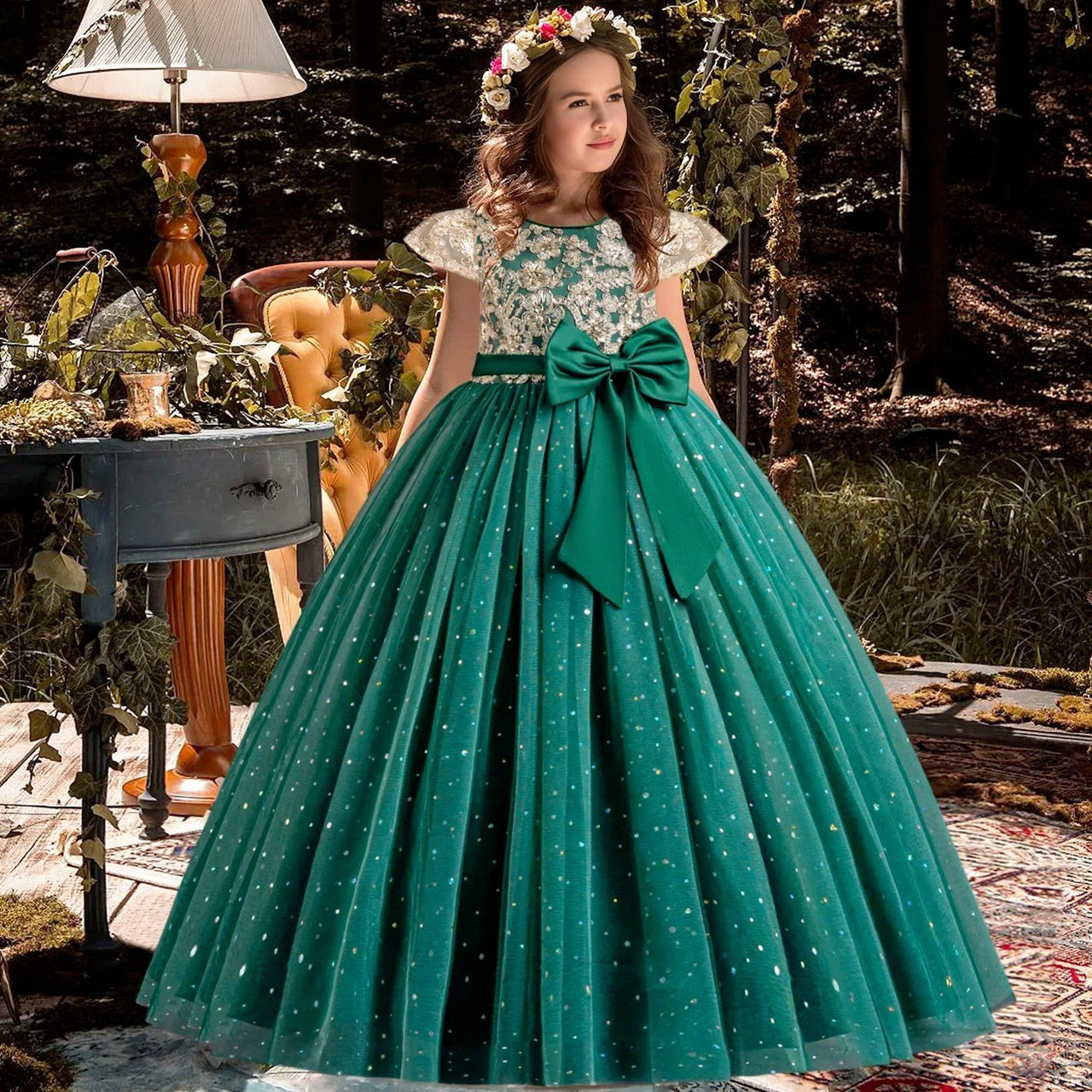 Elegant Kids Dresses for Girls Wedding Children Bow Flower Girl Long Gown Princess Birthday Party Embroidery 4-10 Y -, Dress , Drestiny , 10T, 4T, 5T, 6T, 7T, 8T, 9T, Champagne, Dresses, Green, Maxi Dresses, Red, Short Sleeves, White , Drestiny , www.shopdrestiny.com