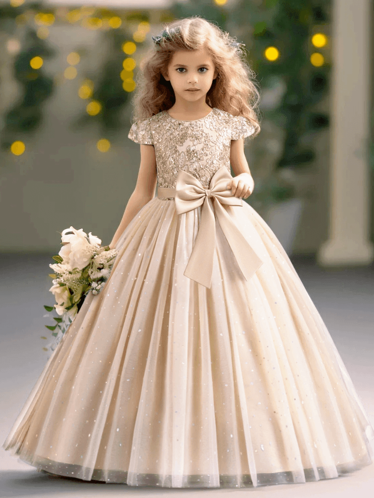 Elegant Kids Dresses for Girls Wedding Children Bow Flower Girl Long Gown Princess Birthday Party Embroidery 4-10 Y -, Dress , Drestiny , 10T, 4T, 5T, 6T, 7T, 8T, 9T, Champagne, Dresses, Green, Maxi Dresses, Red, Short Sleeves, White , Drestiny , www.shopdrestiny.com