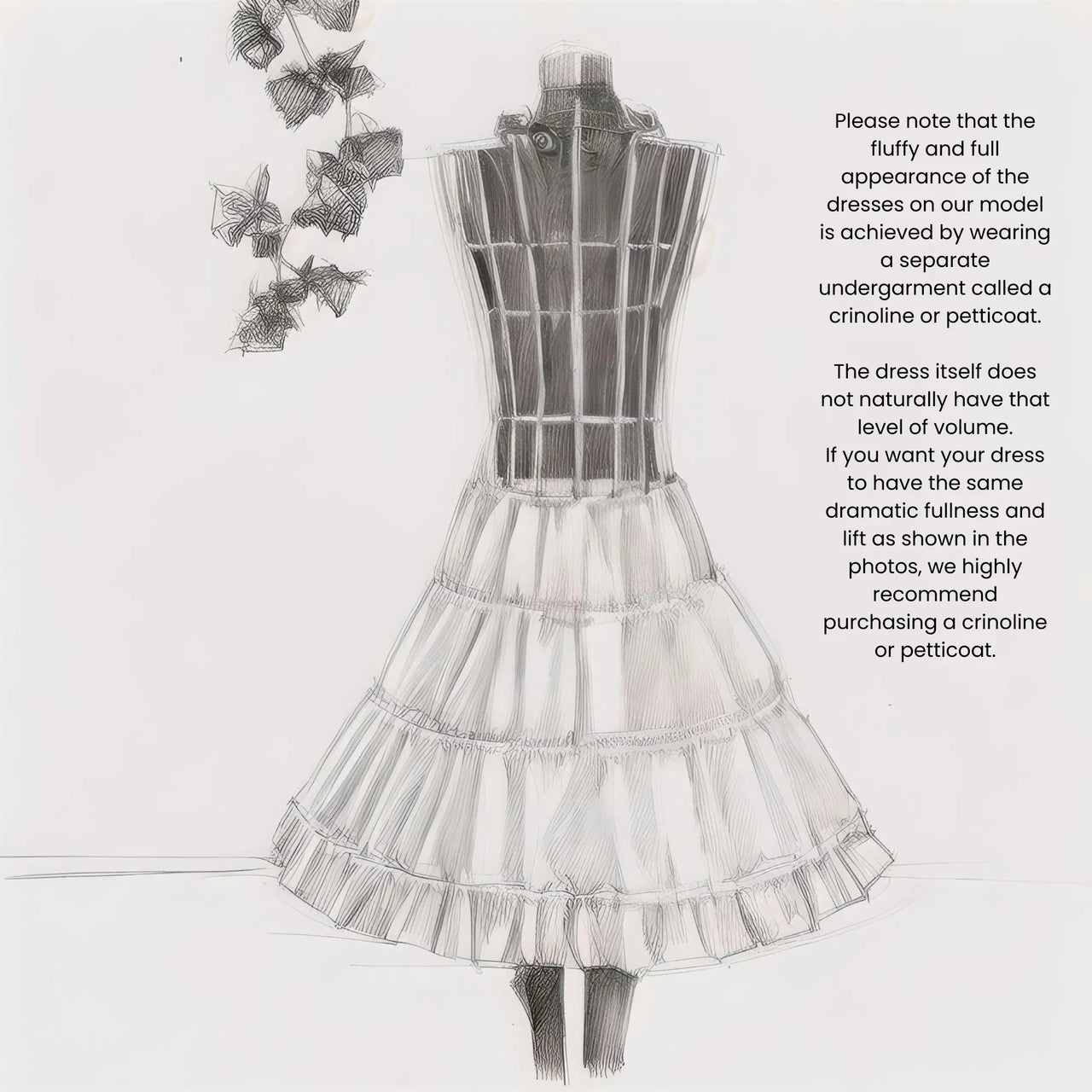 Black and white dress with crinoline or petticoat on a mannequin, text explaining the need for additional support.