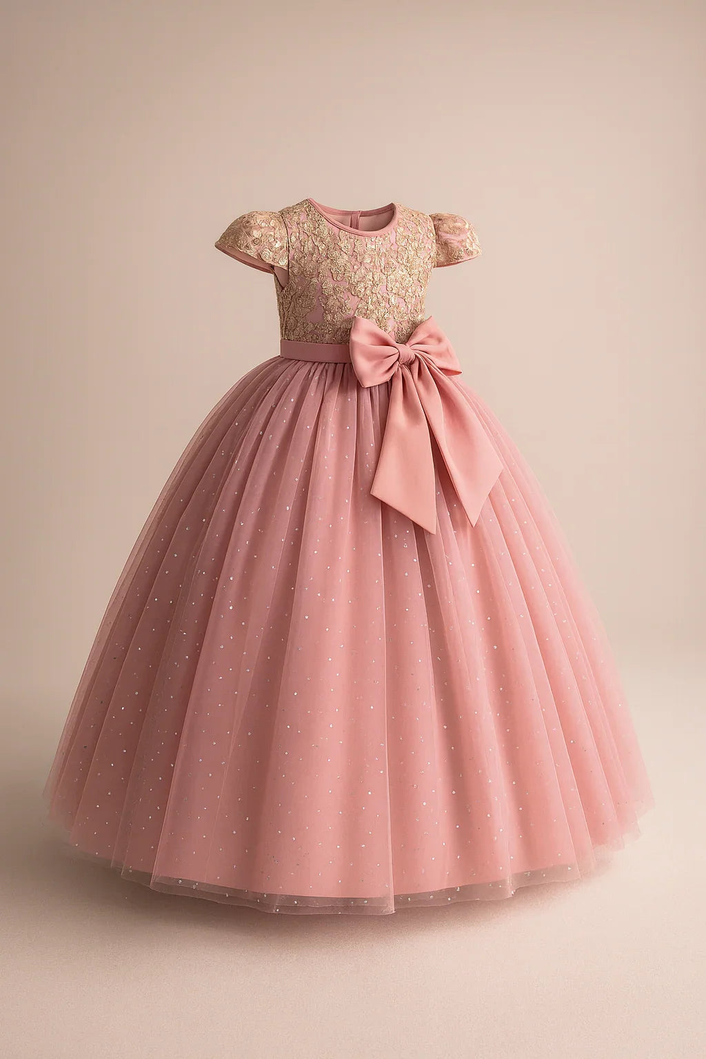 Pink dress with a bow on a beige background