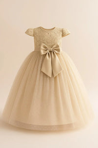 Thumbnail for Beige flower girl dress with a large bow on a beige background