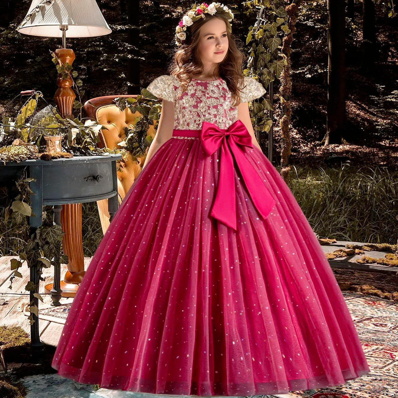 Elegant Kids Dresses for Girls Wedding Children Bow Flower Girl Long Gown Princess Birthday Party Embroidery 4-10 Y -, Dress , Drestiny , 10T, 4T, 5T, 6T, 7T, 8T, 9T, Champagne, Dresses, Green, Maxi Dresses, Red, Short Sleeves, White , Drestiny , www.shopdrestiny.com