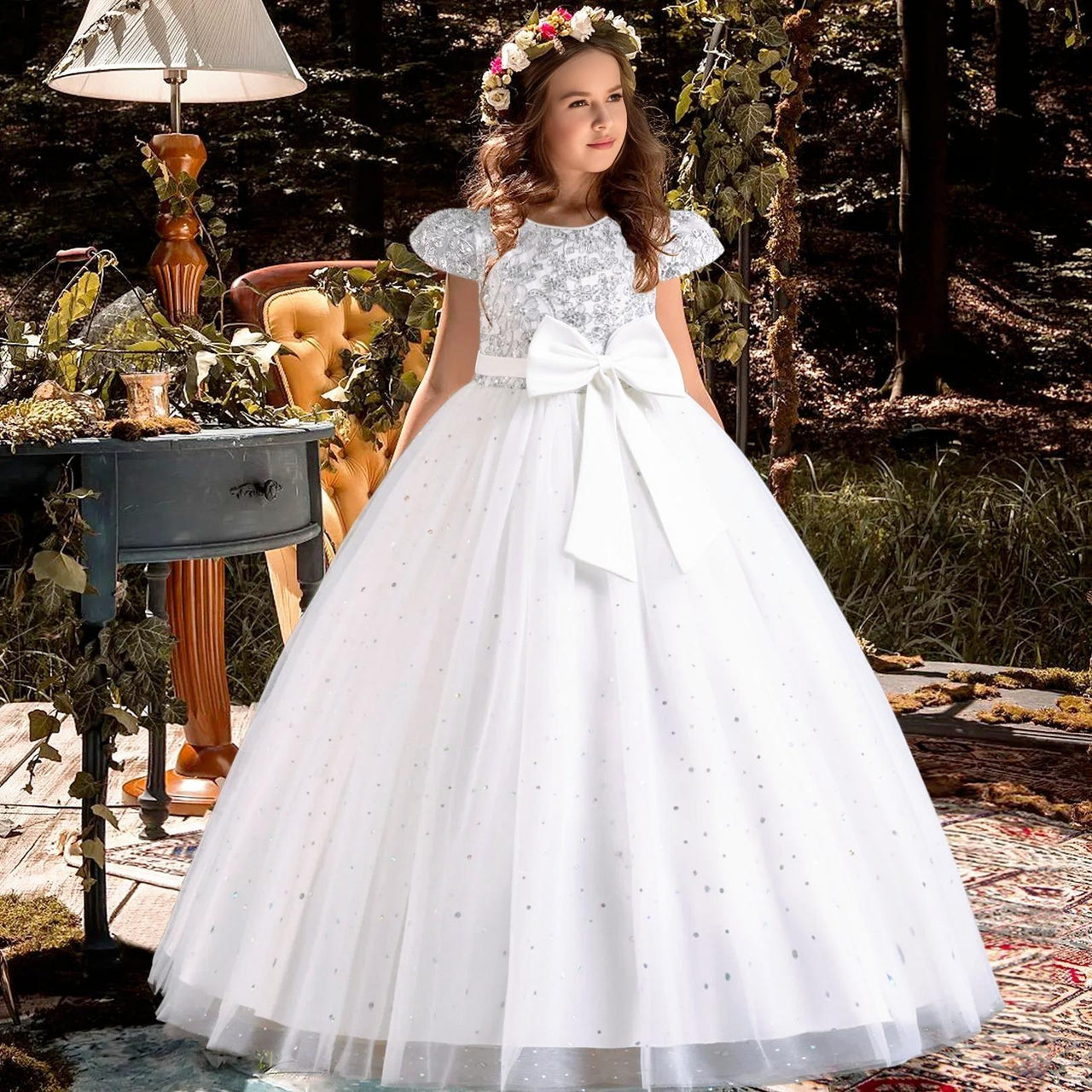 Elegant Kids Dresses for Girls Wedding Children Bow Flower Girl Long Gown Princess Birthday Party Embroidery 4-10 Y -, Dress , Drestiny , 10T, 4T, 5T, 6T, 7T, 8T, 9T, Champagne, Dresses, Green, Maxi Dresses, Red, Short Sleeves, White , Drestiny , www.shopdrestiny.com